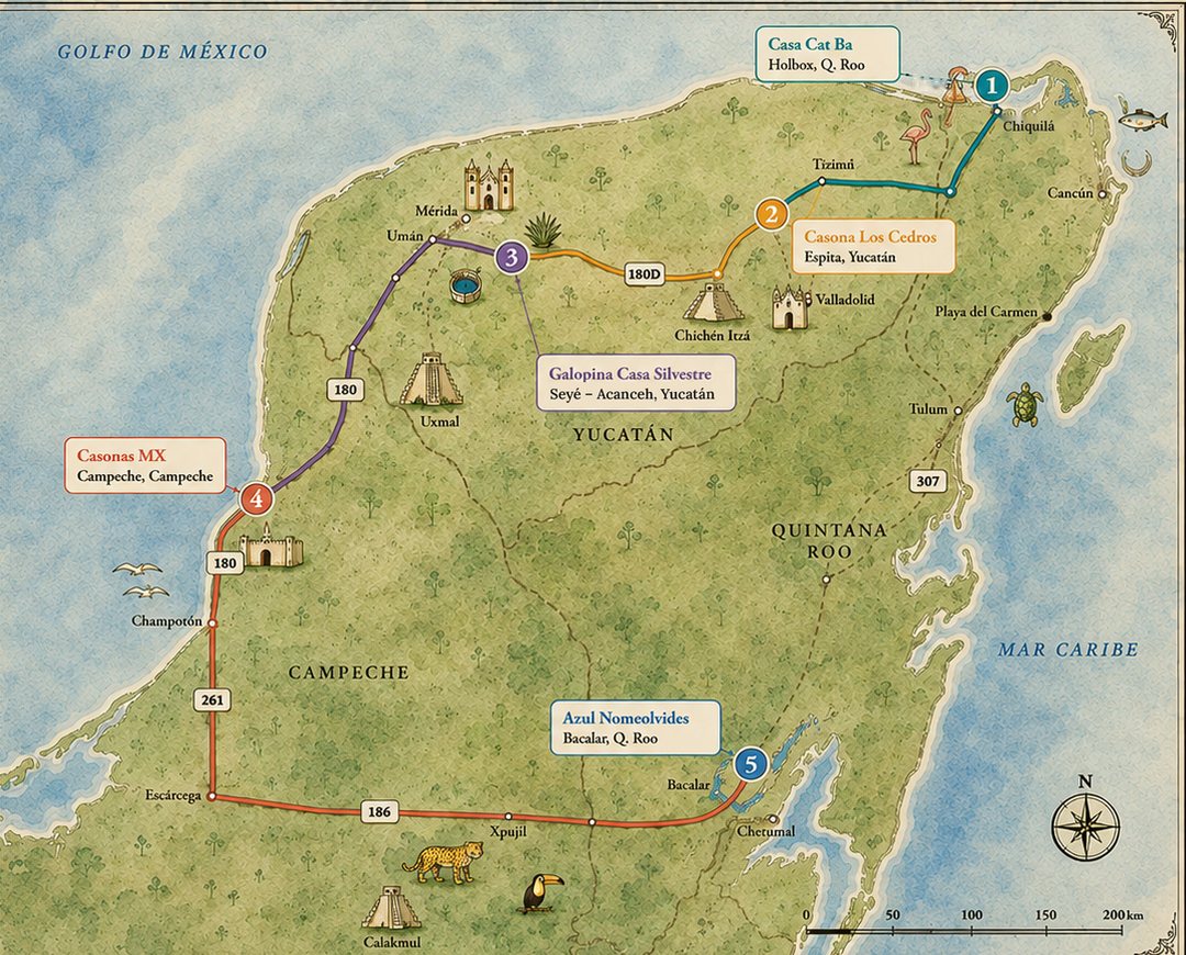 Mapa ilustrado de la península de Yucatán con las cinco casas numeradas: 1 Casa Cat Ba en Holbox, 2 Casona Los Cedros en Espita, 3 Galopina Casa Silvestre en Seyé, 4 Casonas MX en Campeche y 5 Azul Nomeolvides en Bacalar. Las mismas casas están en la lista junto al mapa.